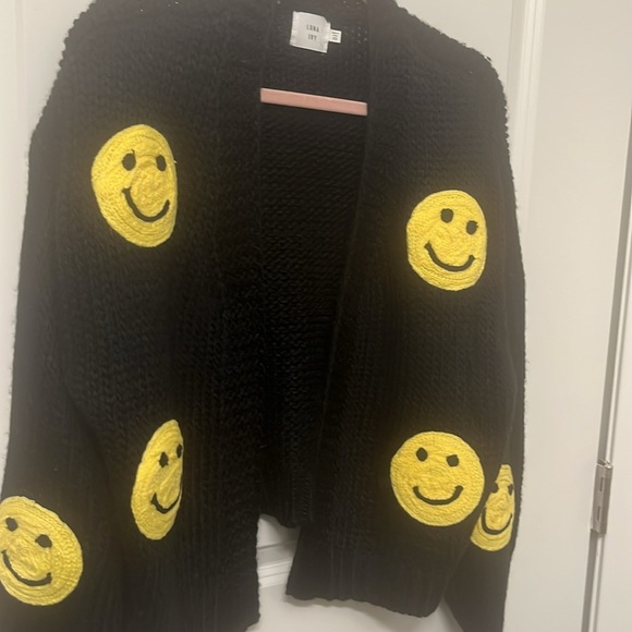NWT Luna Ivy Puff Smiley Face Open Front Cardigan Chunky Oversize Black Size XS - Picture 5 of 10